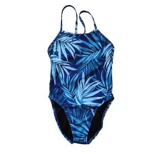 Jolyn Jackson One Piece Swimsuit Blue Palm Leaf‎ Athletic Size 26 (XS)  UPF 50+